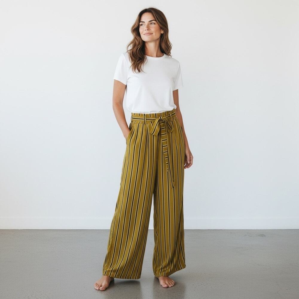 Ambiance Apparel Mustard, Black & White Striped High Waist Wide Leg Pant Size S